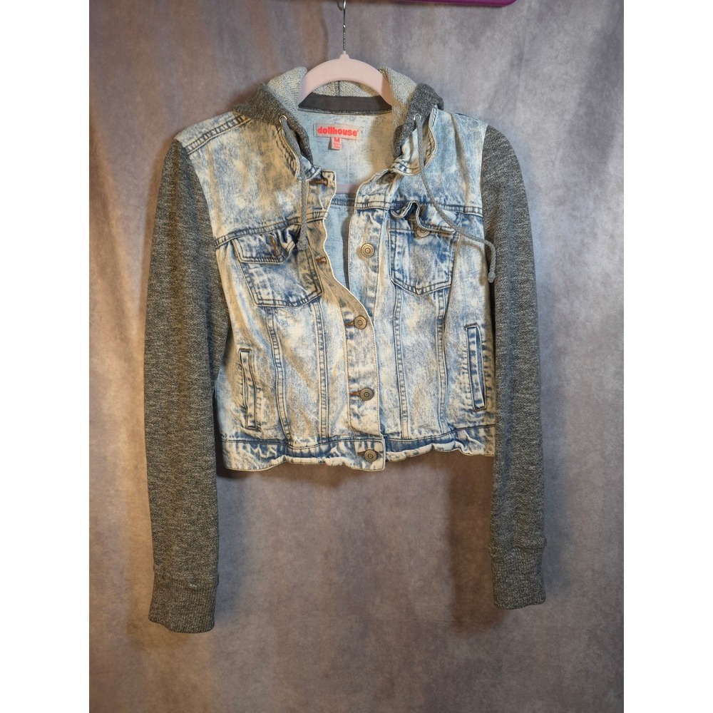 Dollhouse Acid Wash Denim Jacket With Gray Hoodie Sleeves Women Medium